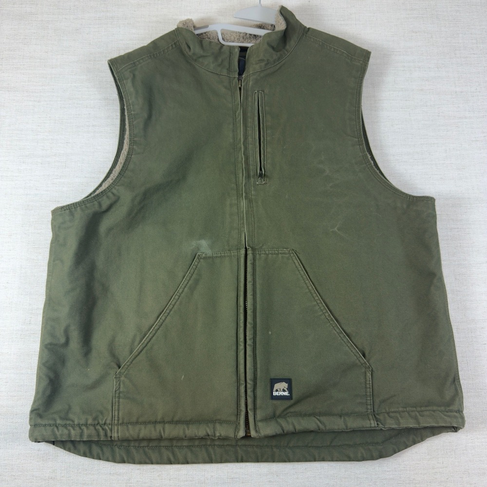 Berne Mens Olive Green Sherpa Lined Cotton Duck Canvas Workwear Vest 2xL